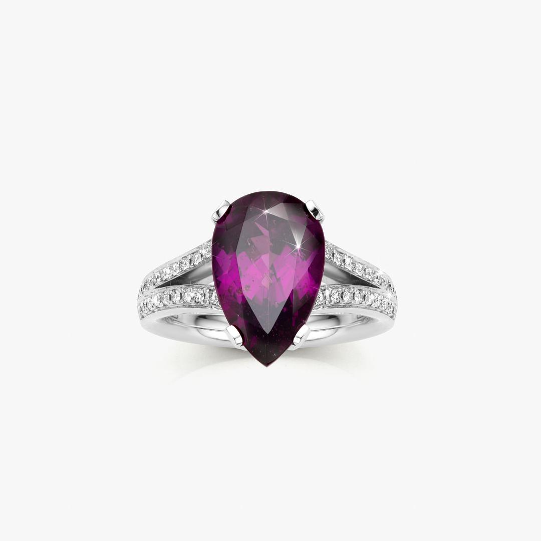 White gold ring set with purple garnet en diamonds made by Atelier Wittmann