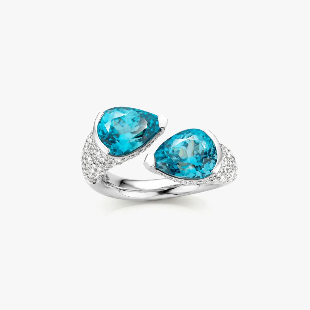 White gold ring set with blue zircon and diamonds made by Atelier Wittmann