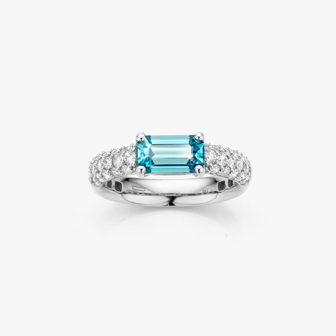 White gold ring set with blue zircon and diamonds made by Atelier Wittmann