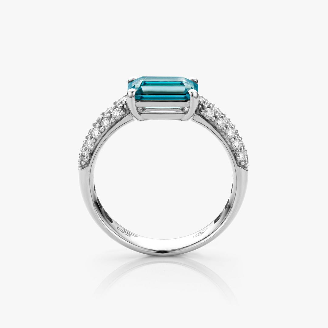 White gold ring set with blue zircon and diamonds made by Atelier Wittmann