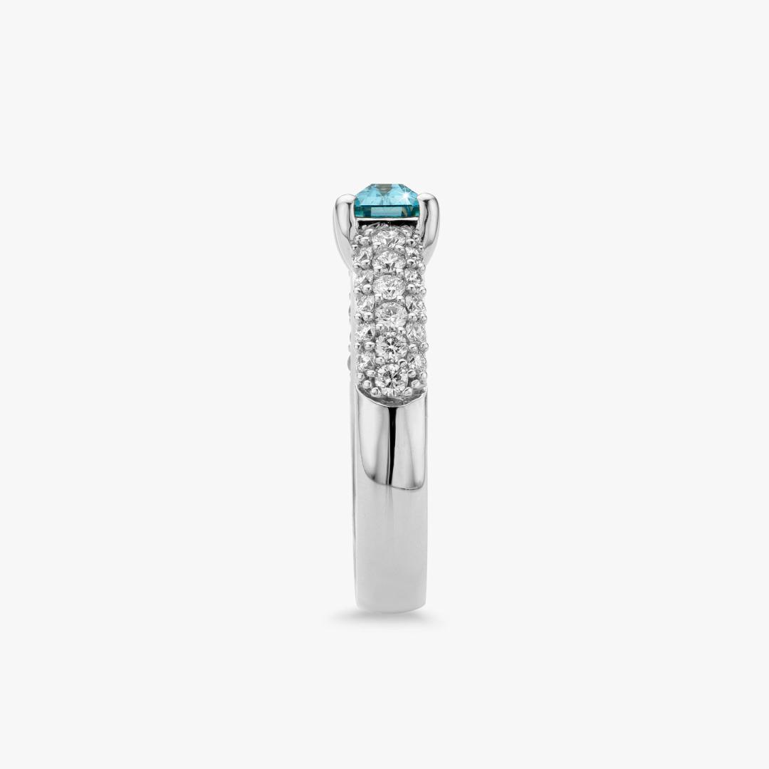 White gold ring set with blue zircon and diamonds made by Atelier Wittmann